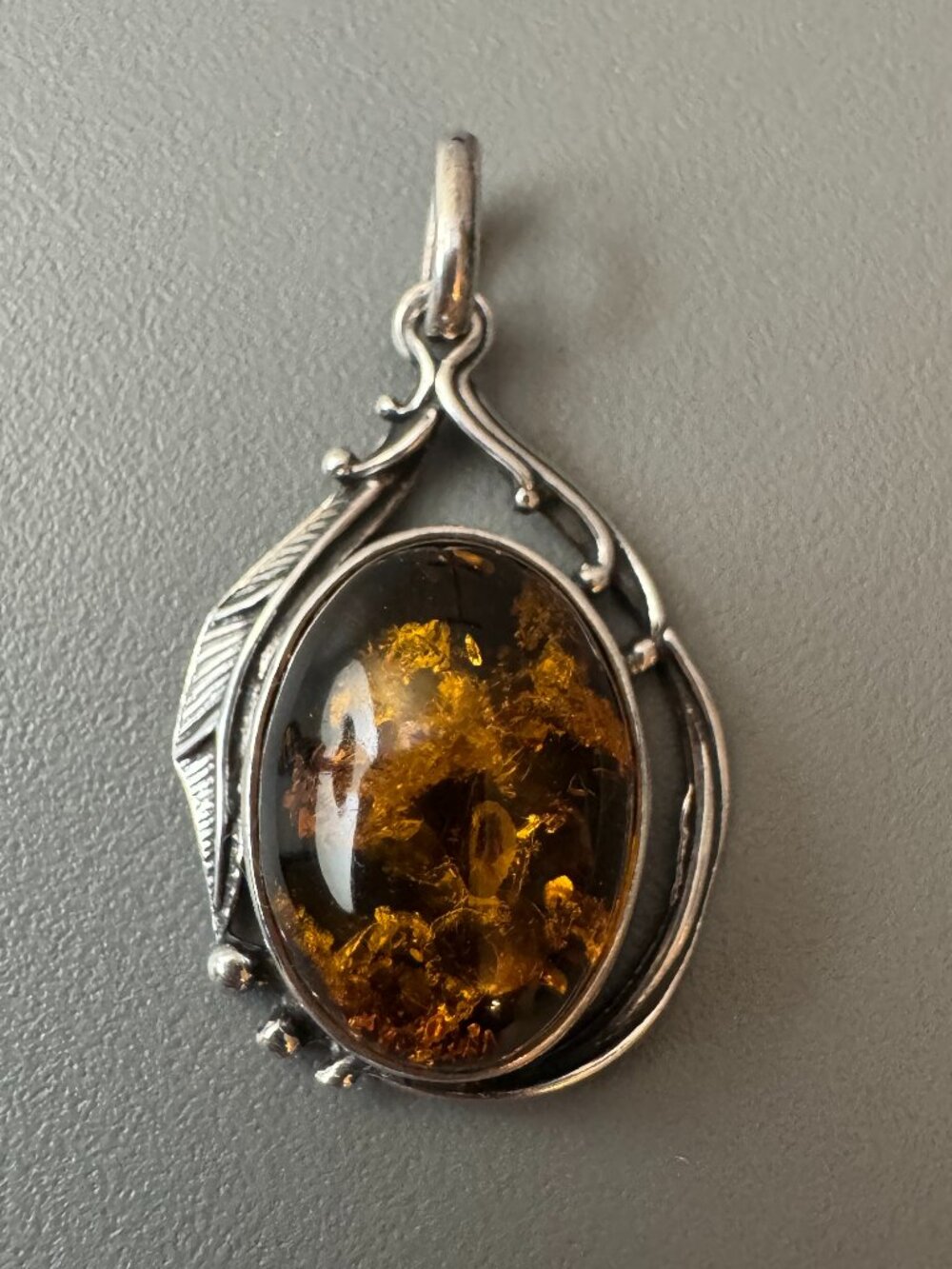 Vintage Sterling Silver Baltic Amber Leaf Pendant Organic Statement